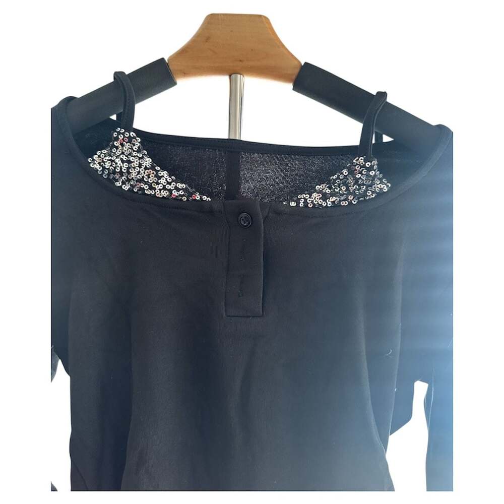 Women's Colorblock Sequin Half-Button Henley Long Sleeve Crop Top - Picture 5 of 5
